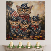 Charming Patriotic Bengal Cat Family Oil Painting with Mother Cat and Three Kittens in Starry Outfits and Bow Ties on Ready to Hang 1.5" Thick Canvas Wrap, Floating Framed Canvas, Flat Rolled Canvas